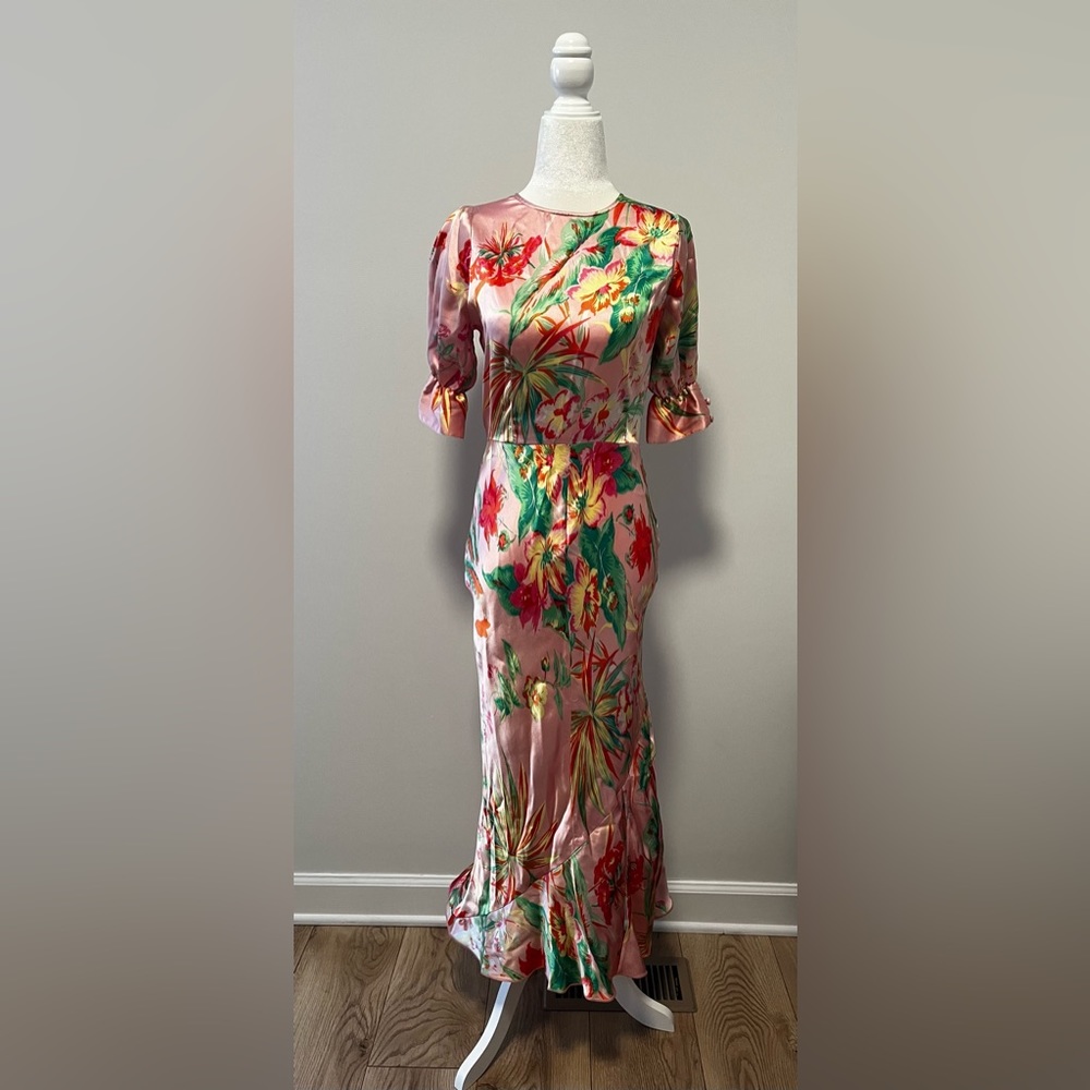 ASOS pink satin midi dress with floral design and puff sleeves.